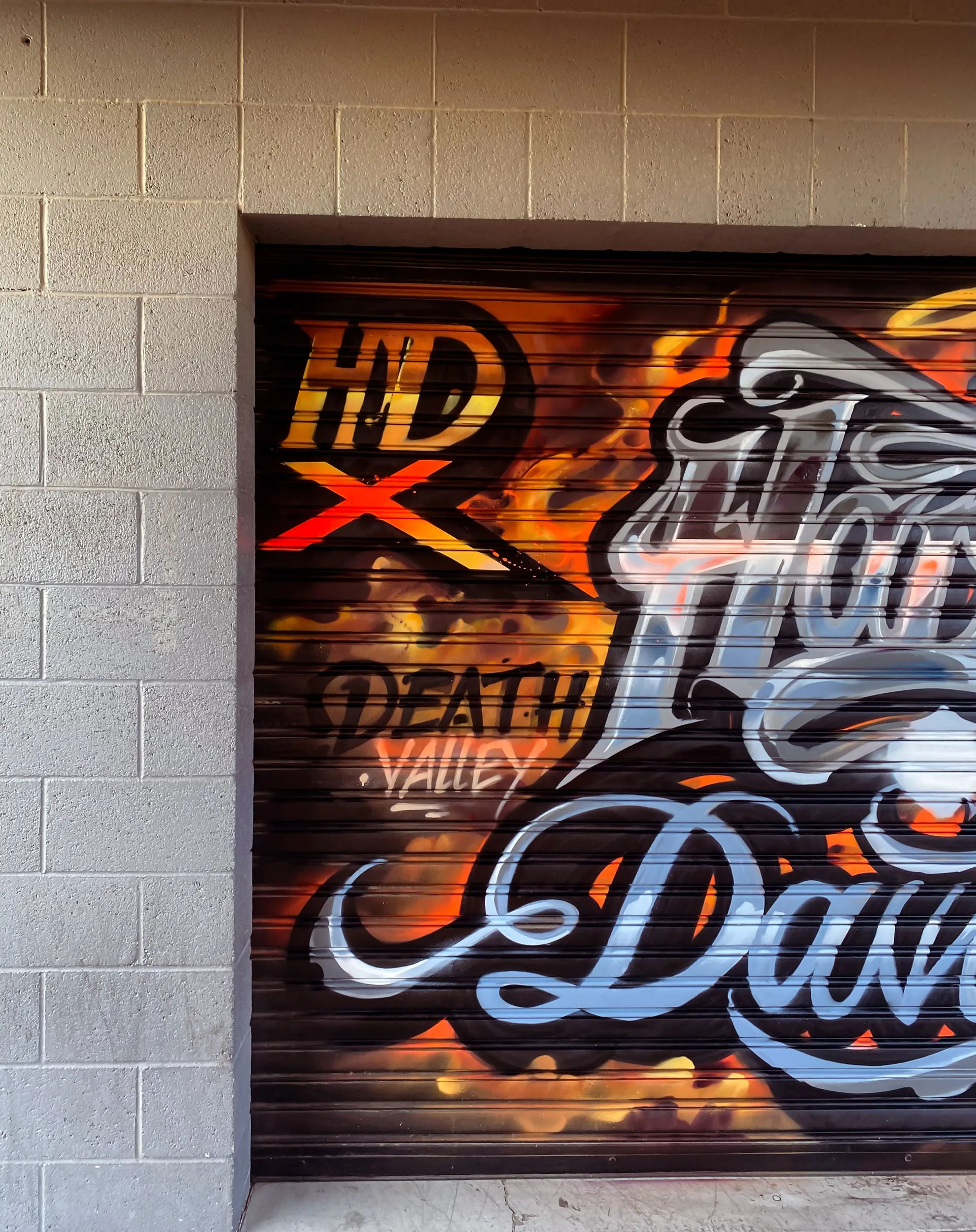 Graffiti artwork on a metal roll-up door featuring stylized text with flames in the background. The text includes