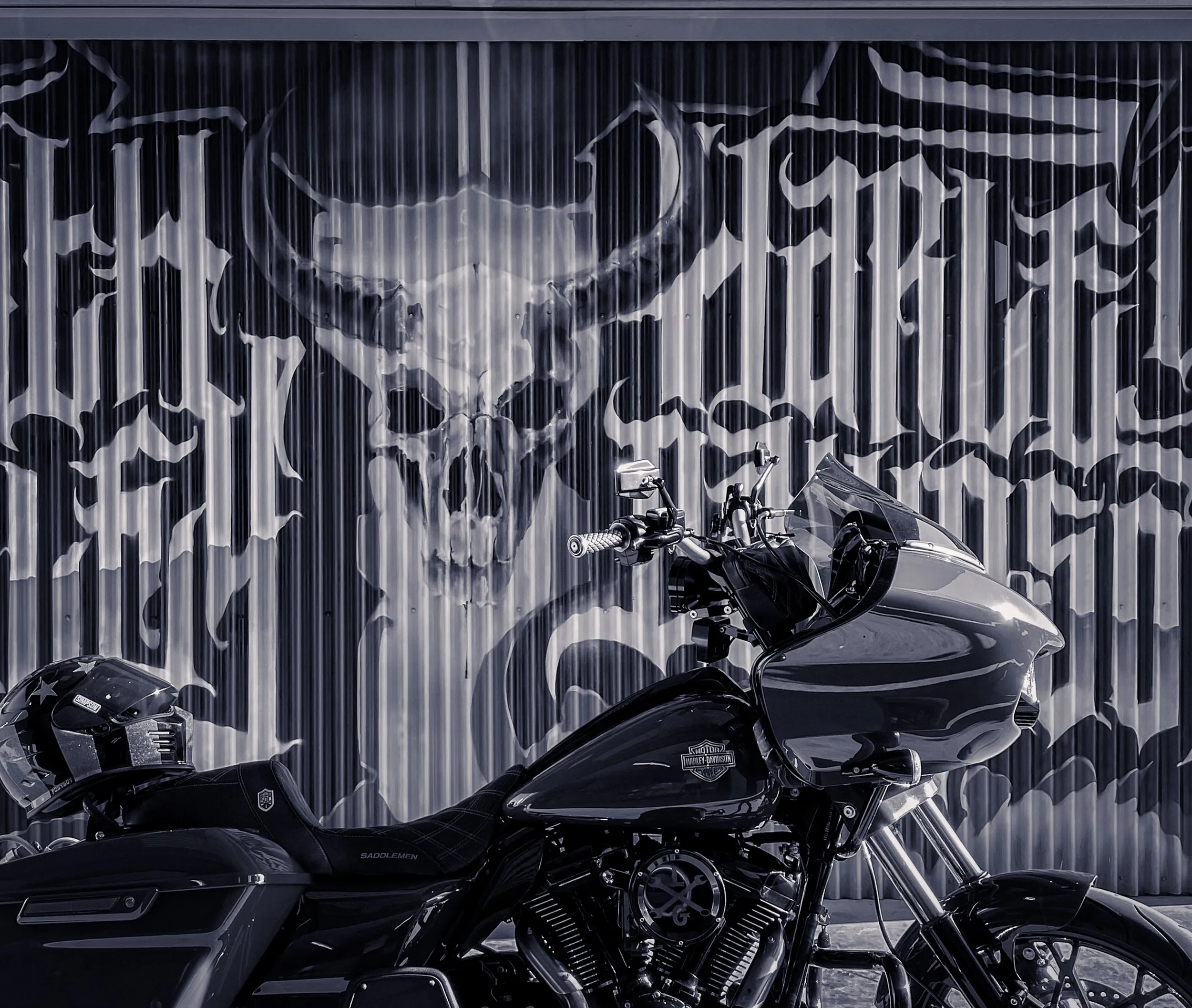 Black Harley-Davidson motorcycle parked in front of a large painted mural of a bull skull on a corrugated metal wall.