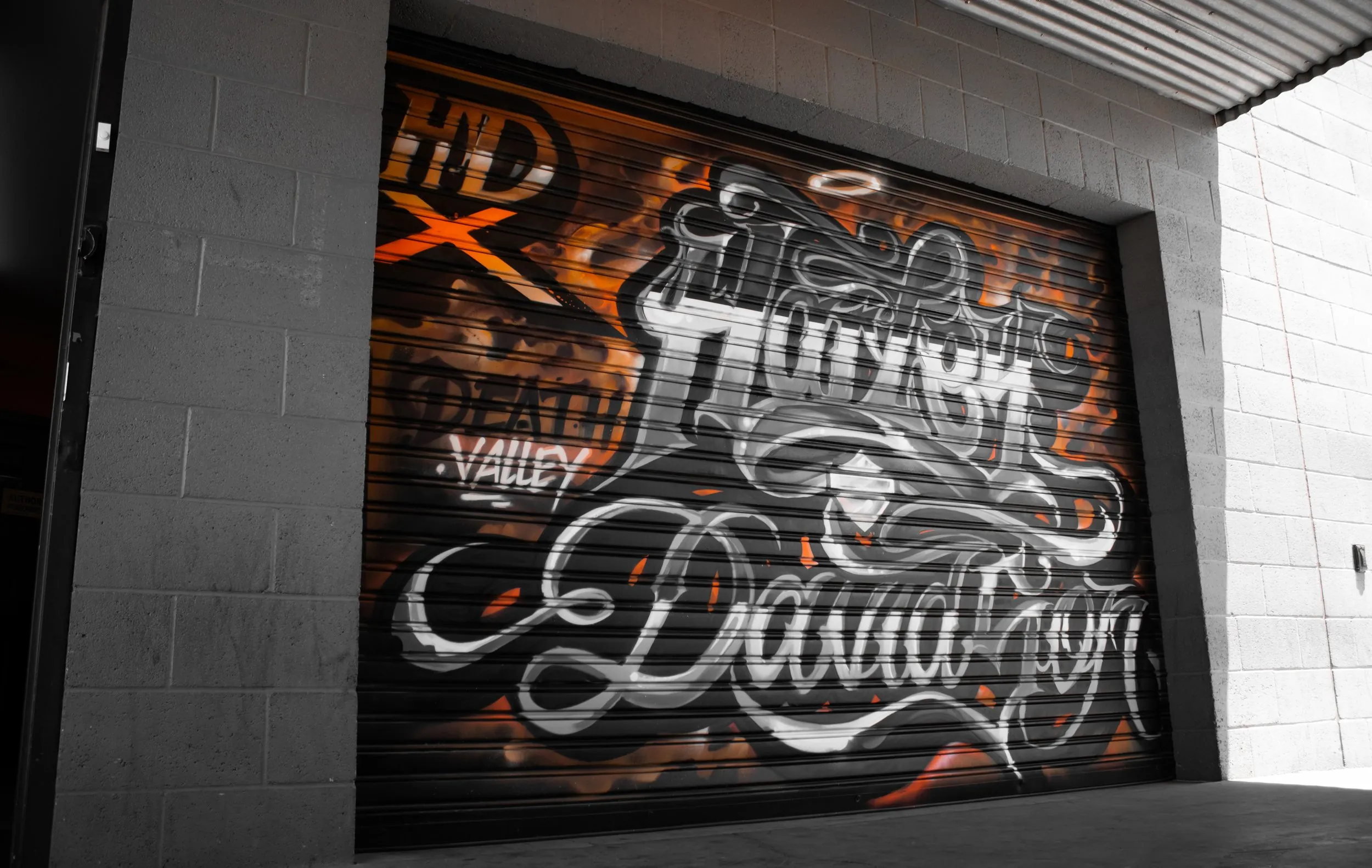 Graffiti artwork on a metal roller door with black, white, and orange colors, featuring stylized lettering and abstract designs.